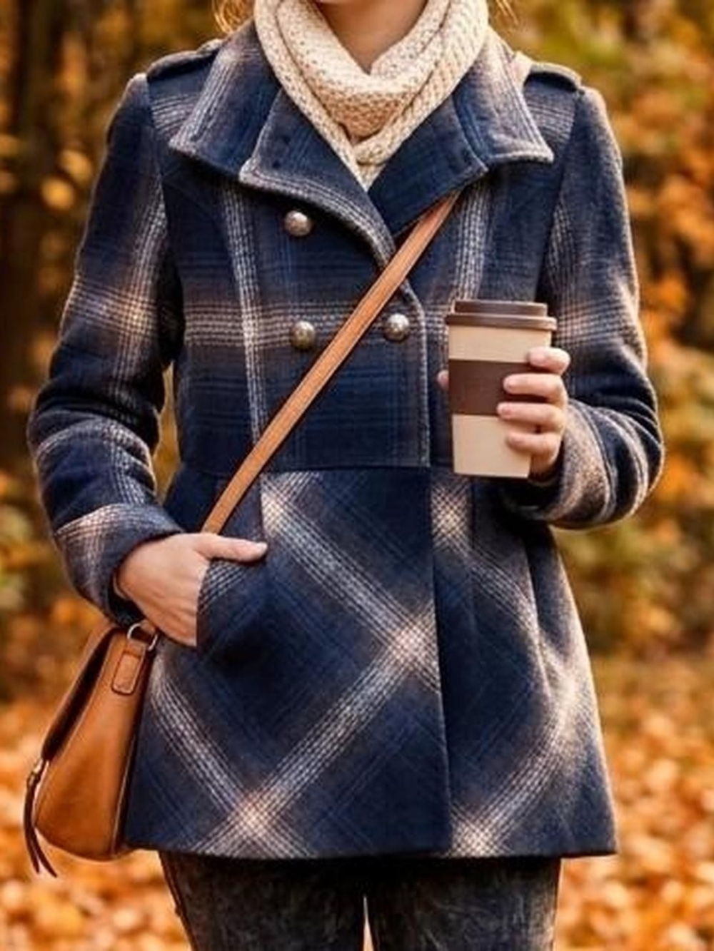 Miss Sixty Navy Plaid Double-Breasted Peacoat